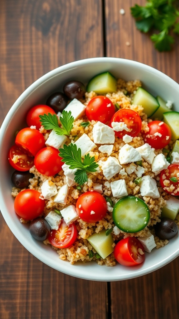A vibrant Greek quinoa salad with tomatoes, cucumbers, feta, and olives in a bowl on a wooden table.